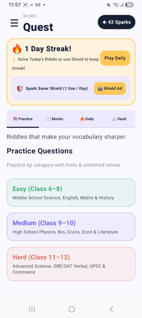 Vocabulary Practice Questions Screen