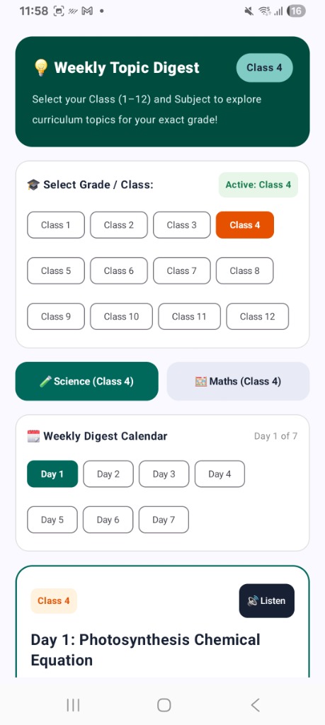 Weekly Topic Digest Grade Selection Screen