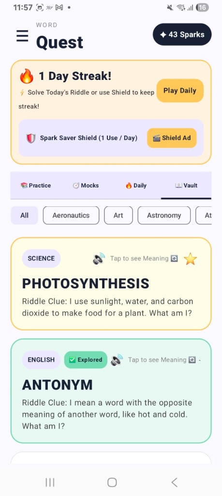 Vocabulary Quest & Streak Screen