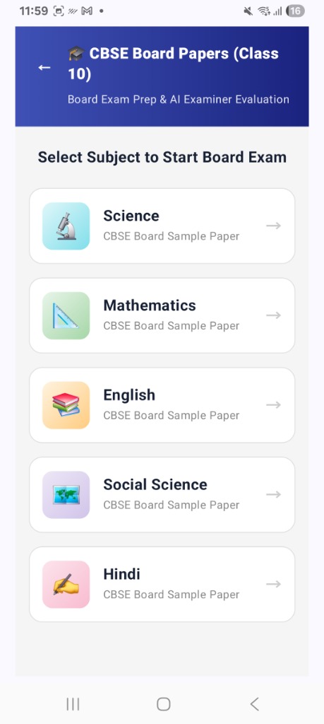 CBSE Board Papers Subject Selection Screen