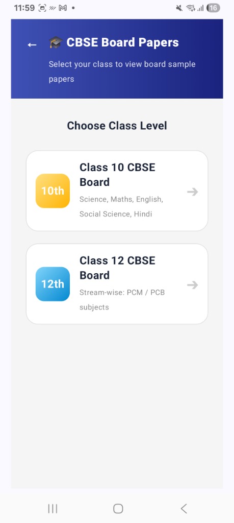 CBSE Board Papers Class Level Selection Screen